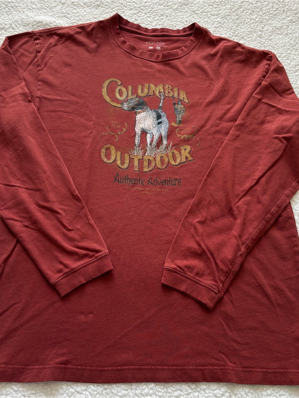 Columbia Sportswear long sleeve graphic T-Shirt Maroon Hunting Dog L Gorpcore